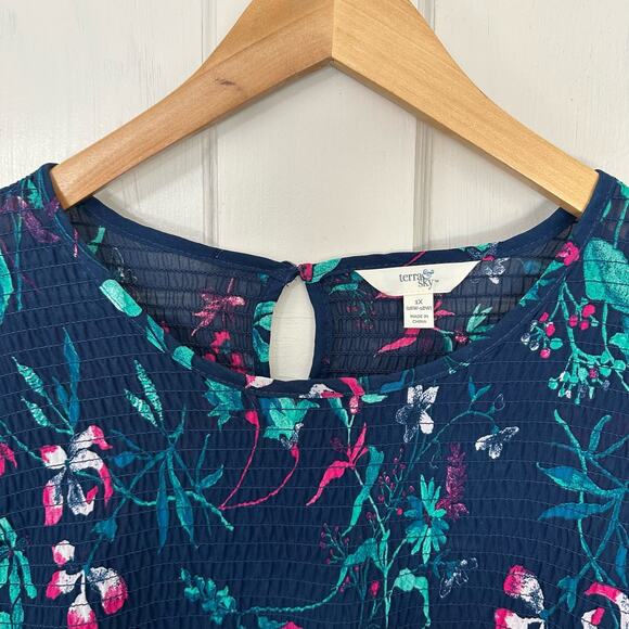 Terra & Sky Womens Top Plus‎ Size 1X Floral Elastic Stretch Peplum Blouse Sheer - Picture 5 of 9